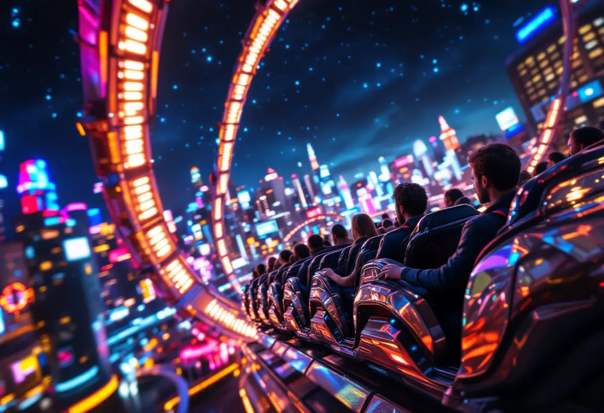 Montagnes russes futuristes éclairées par des néons orange, dans un décor de ville spatiale de nuit avec des passagers projetés à grande vitesse.