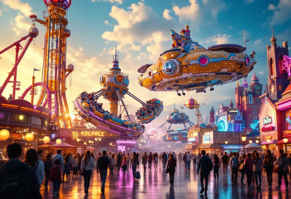 Une place animée futuriste avec manèges volants en forme de vaisseaux colorés, foule familiale et bâtiments aux néons chatoyants.